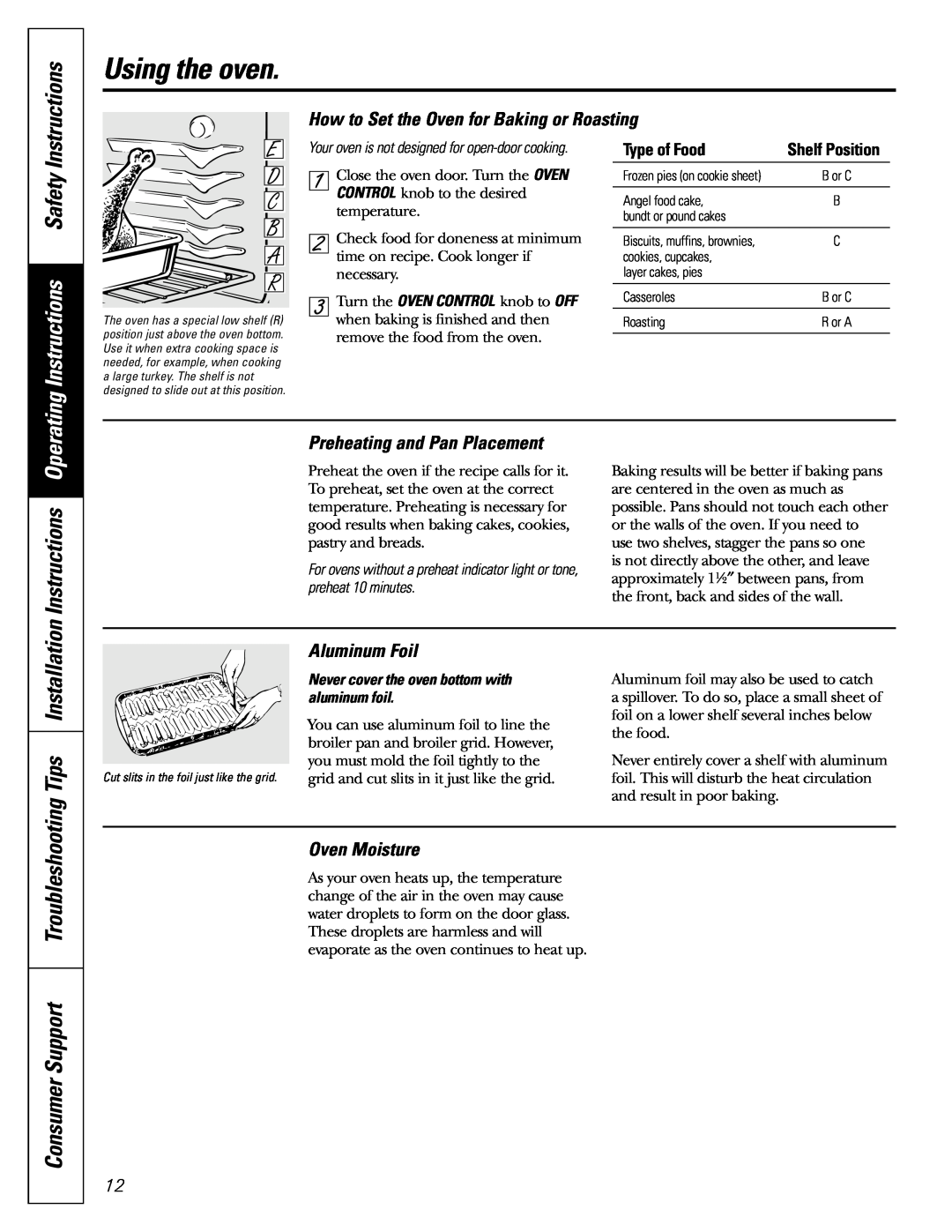 GE JGBC20 Instructions Safety, Instructions Operating, How to Set the Oven for Baking or Roasting, Aluminum Foil 