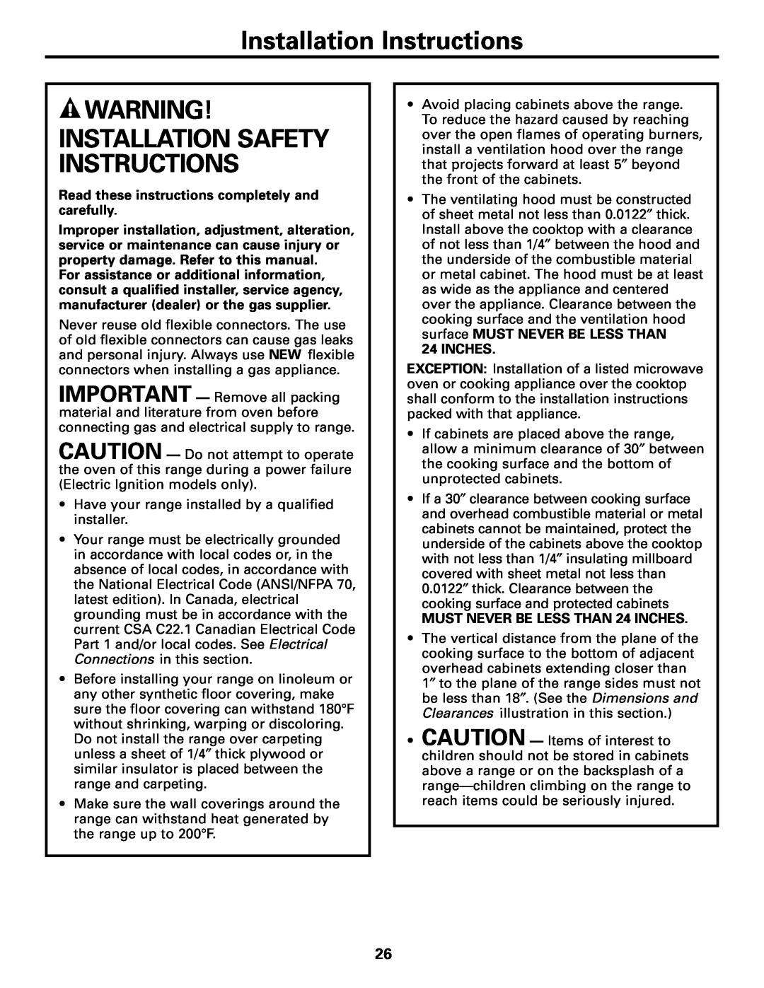 GE JGBC20 Installation Instructions, Installation Safety Instructions, Read these instructions completely and carefully 