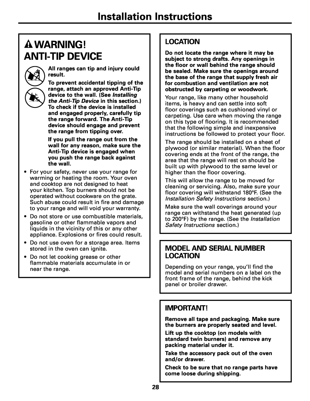 GE JGBC20 installation instructions Anti-Tipdevice, Model And Serial Number Location, Installation Instructions 