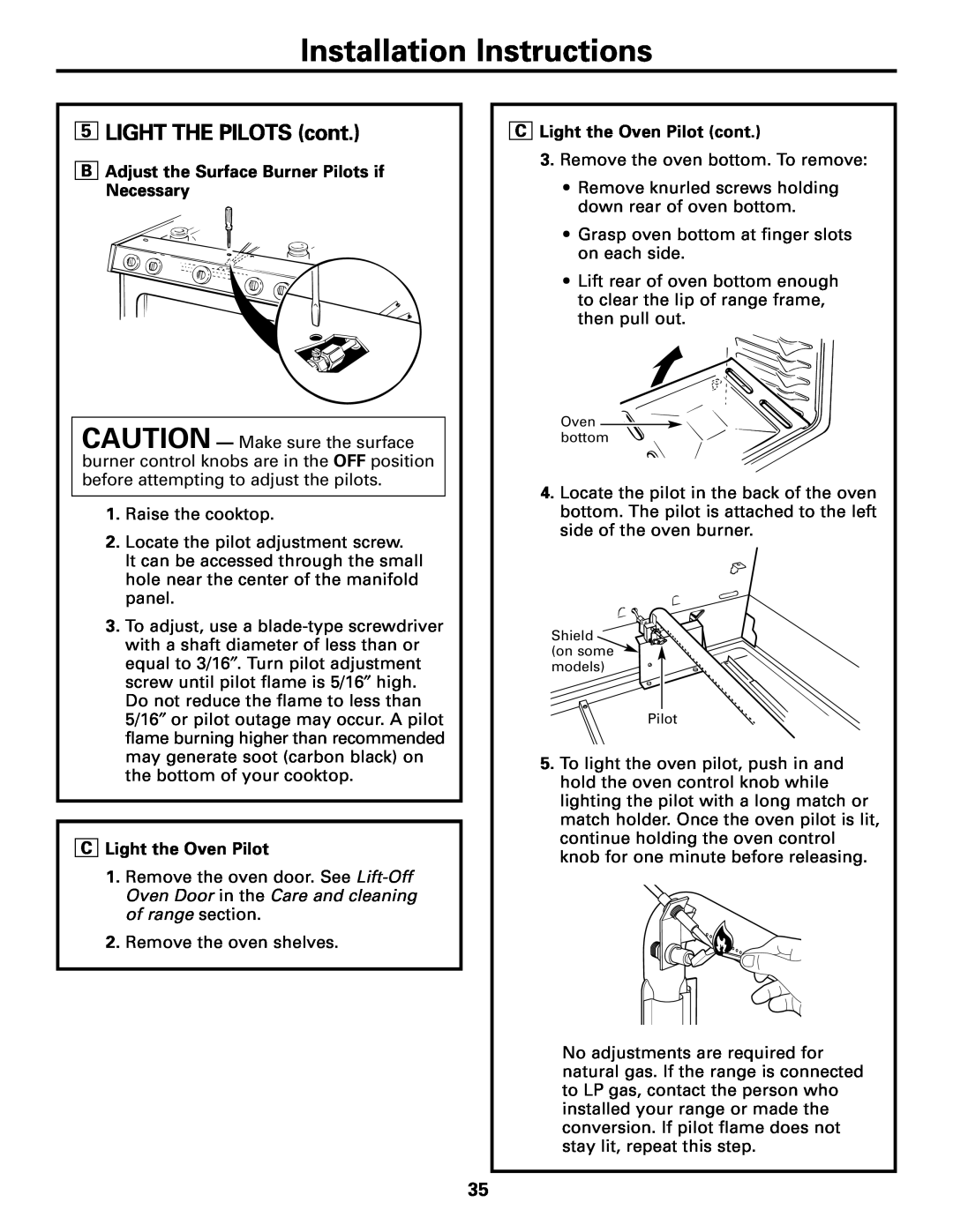 GE JGBC20 5LIGHT THE PILOTS cont, Installation Instructions, BAdjust the Surface Burner Pilots if Necessary 