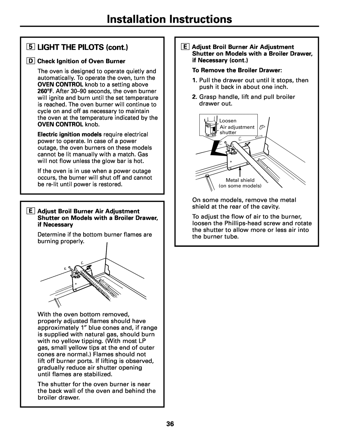 GE JGBC20 Installation Instructions, 5LIGHT THE PILOTS cont, DCheck Ignition of Oven Burner, To Remove the Broiler Drawer 