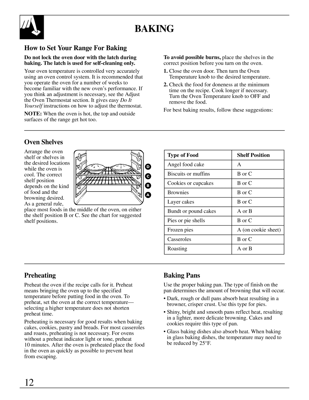 GE JGBP19, 164D2966P079 warranty How to Set Your Range For Baking, Preheating, Baking Pans, Type of Food Shelf Position 