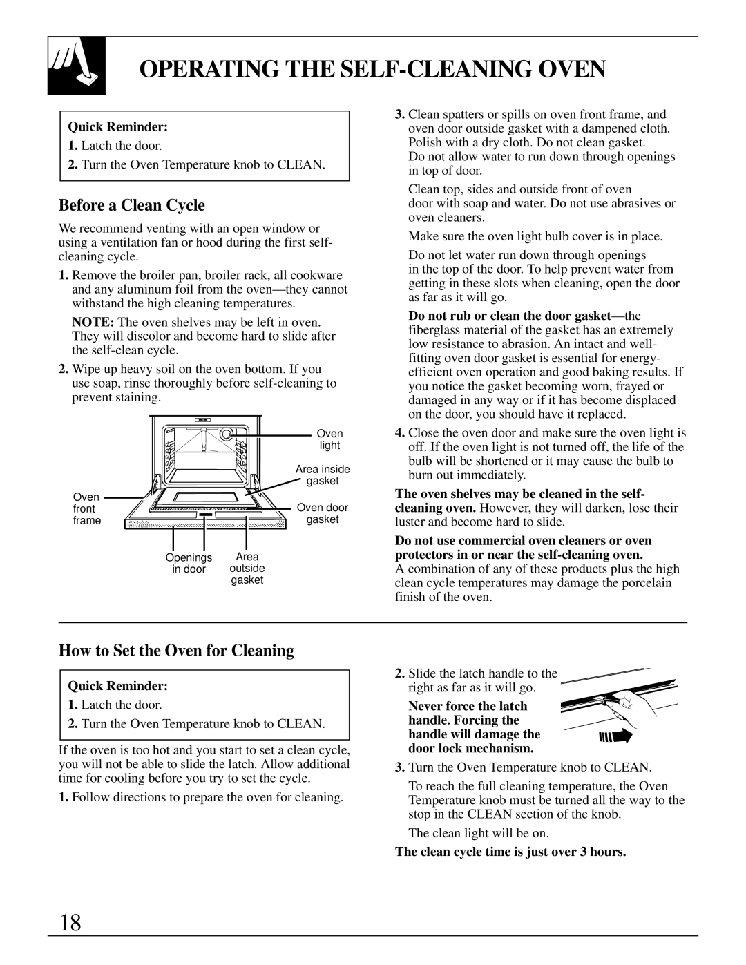 GE JGBP19 warranty Operating the SELF-CLEANING Oven, Before a Clean Cycle, How to Set the Oven for Cleaning, Quick Reminder 