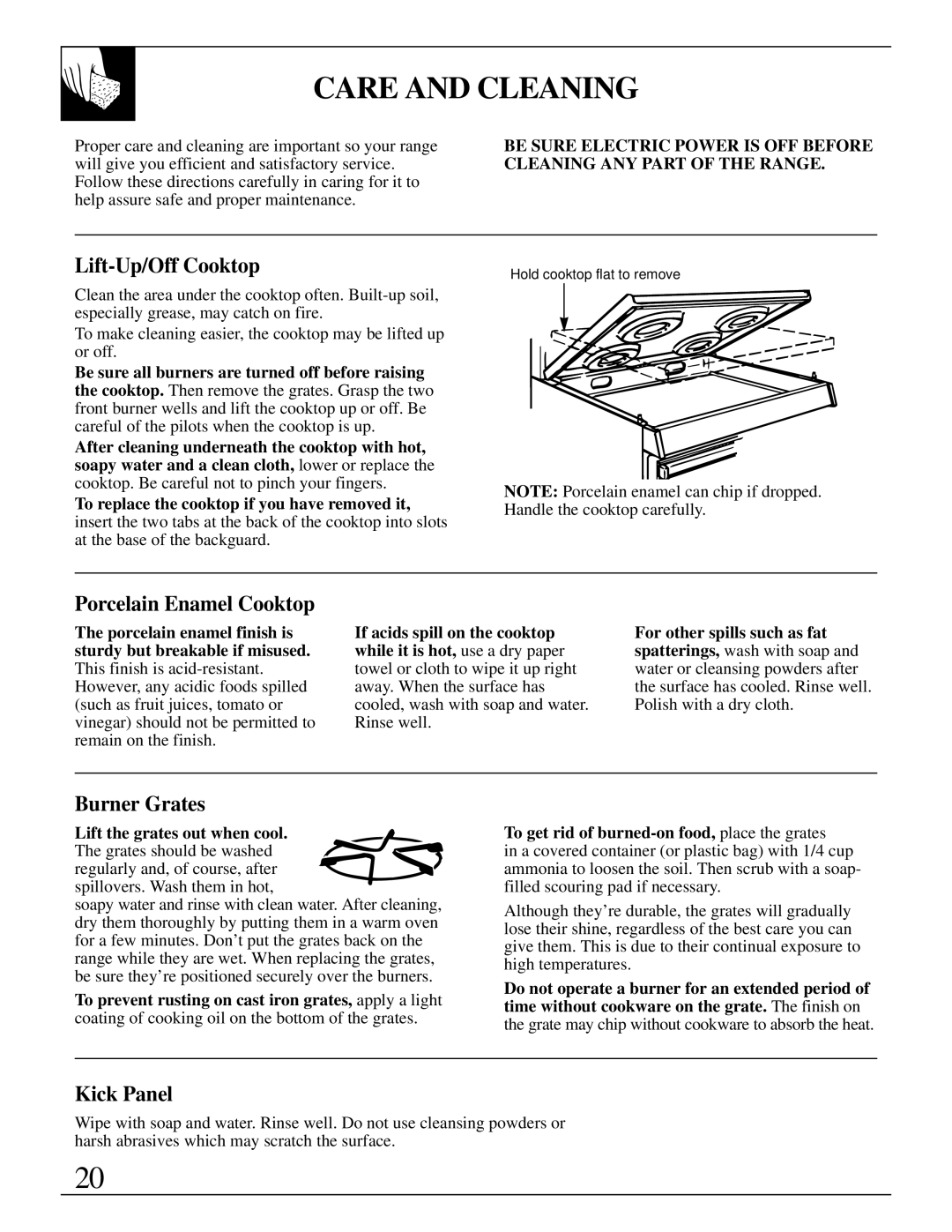 GE JGBP19, 164D2966P079 warranty Care and Cleaning, Lift-Up/Off Cooktop, Porcelain Enamel Cooktop, Burner Grates, Kick Panel 