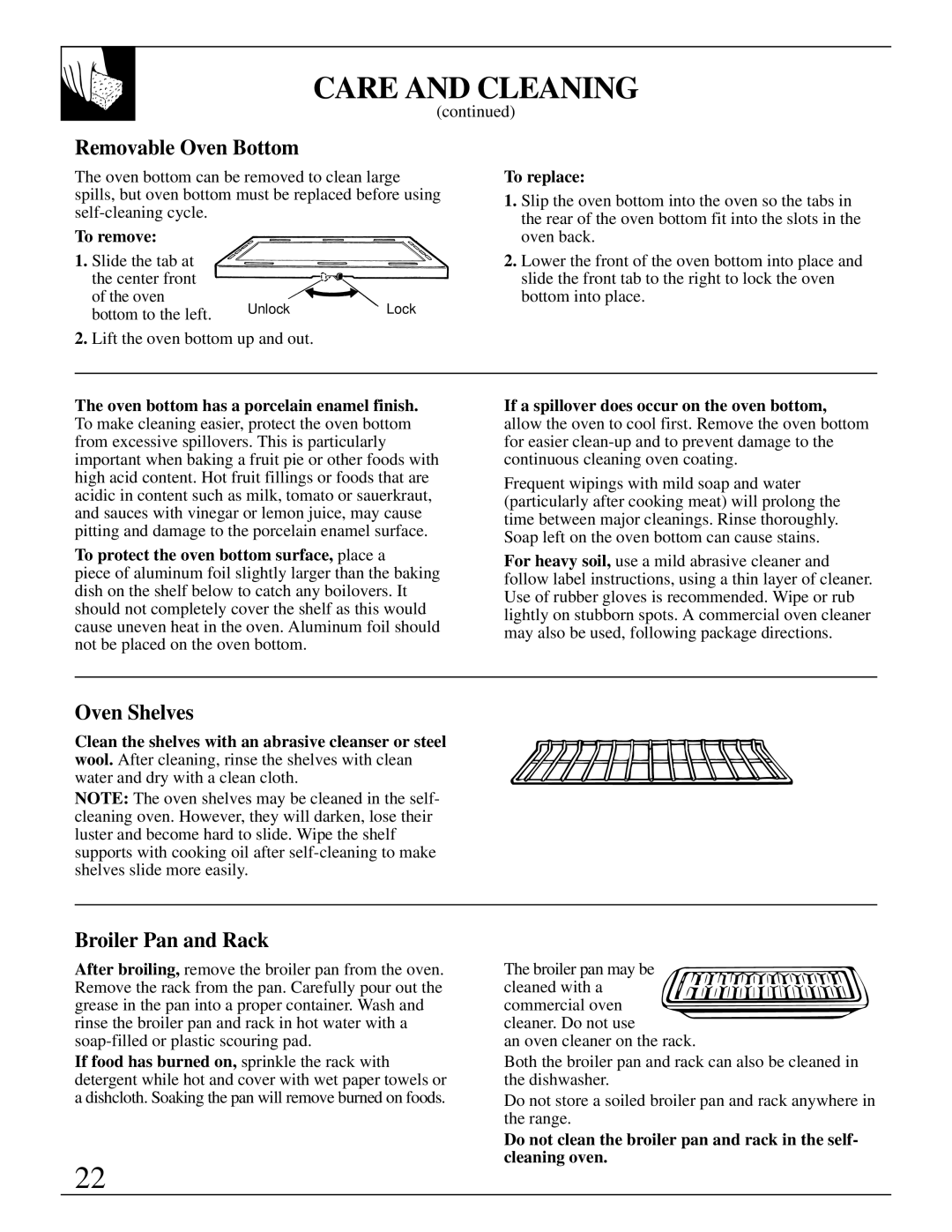 GE JGBP19, 164D2966P079 warranty Removable Oven Bottom, Broiler Pan and Rack, To remove, To replace 