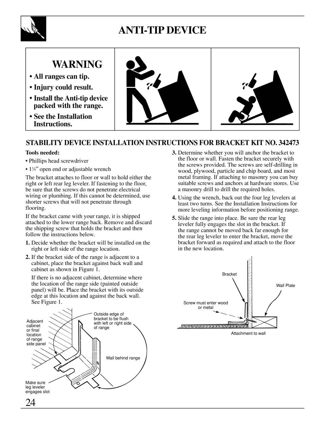 GE JGBP19 warranty ANTI-TIP Device, All ranges can tip Injury could result, See the Installation Instructions, Tools needed 