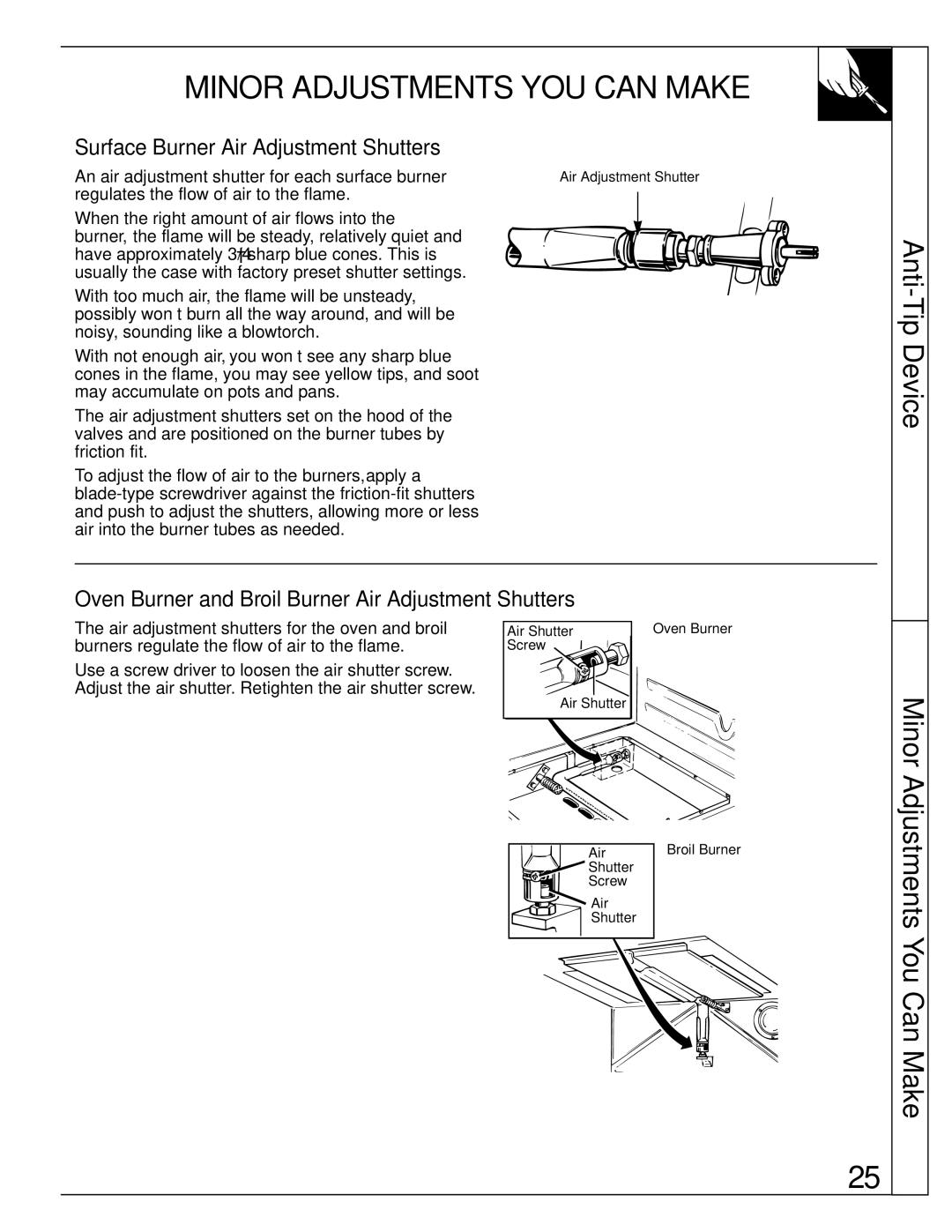 GE 164D2966P079, JGBP19 warranty Minor Adjustments YOU can Make, Surface Burner Air Adjustment Shutters 