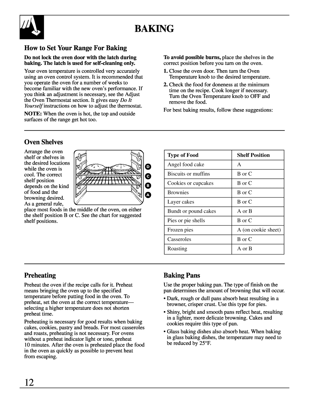 GE JGBP19, 164D2966P079 warranty How to Set Your Range For Baking, Preheating, Baking Pans, Oven Shelves 