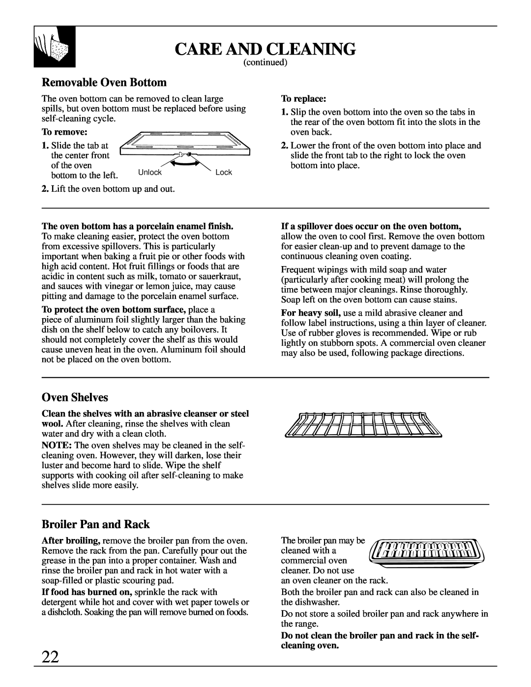 GE JGBP19, 164D2966P079 warranty Removable Oven Bottom, Broiler Pan and Rack, Care And Cleaning, Oven Shelves 