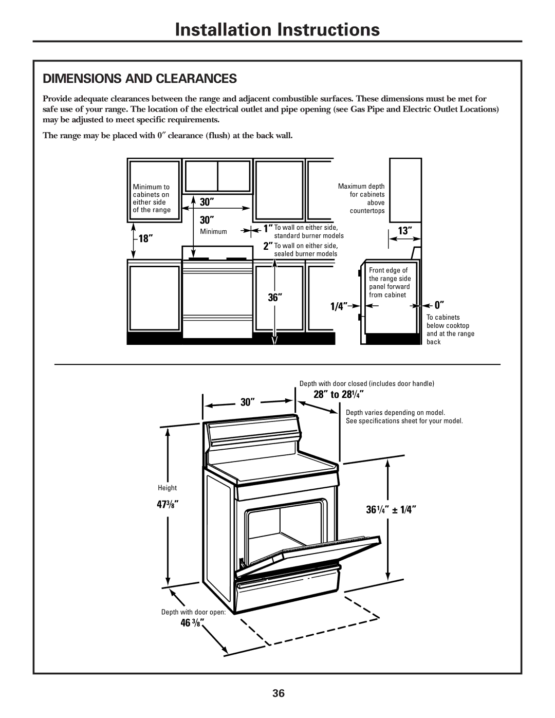 GE JGBP25, JGBP26, JGBP27, JGBP28, JGBP29, JGBP31, JGBP32, JGBP33 manual Dimensions and Clearances 