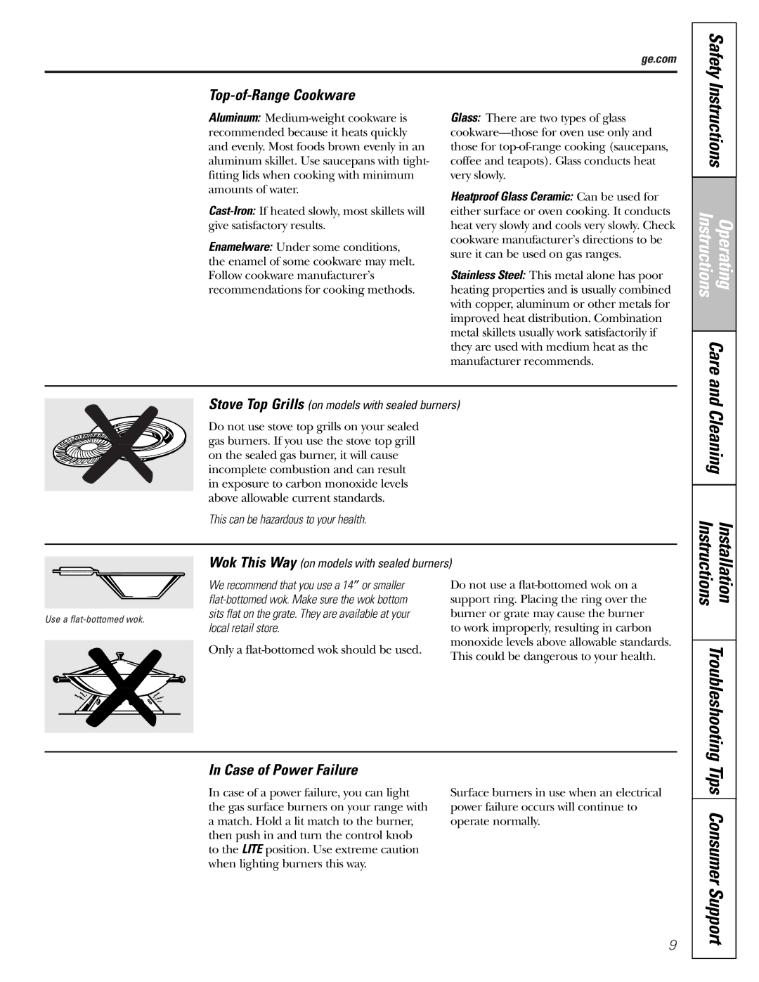 GE JGBP25, JGBP26, JGBP27, JGBP28, JGBP29, JGBP31, JGBP32, JGBP33 manual Top-of-Range Cookware, Case of Power Failure 
