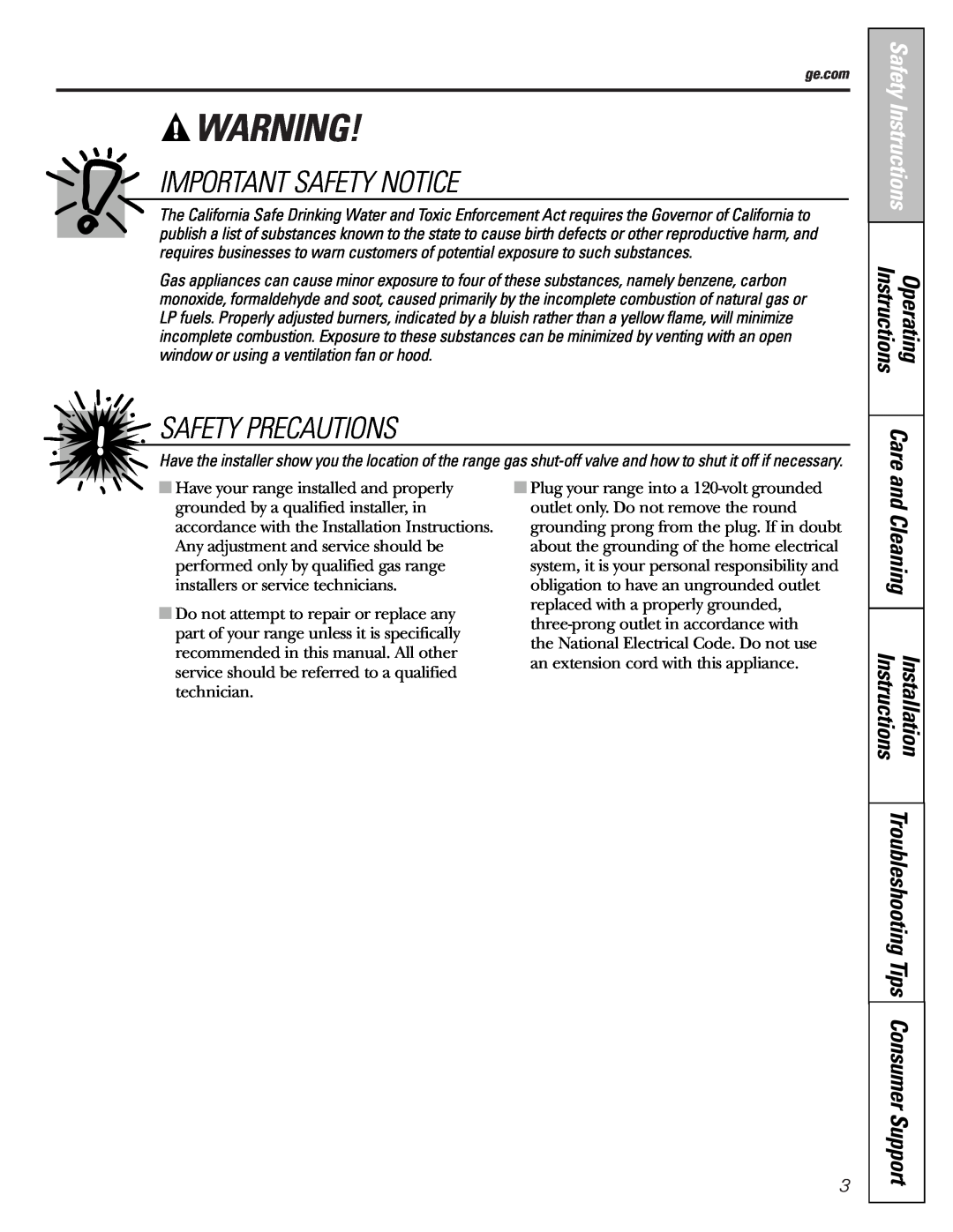 GE JGBP25, JGBP26, JGBP27, JGBP28, JGBP29, JGBP31, JGBP32, JGBP33 manual Important Safety Notice, Safety Precautions, Care 