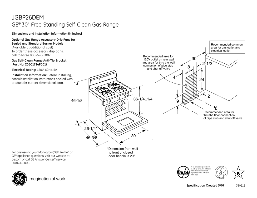 GE JGBP26DEMCC dimensions GE 30 Free-Standing Self-Clean Gas Range, 46-1/8 26-1/4 46-3/8 36-1/4±1/49 