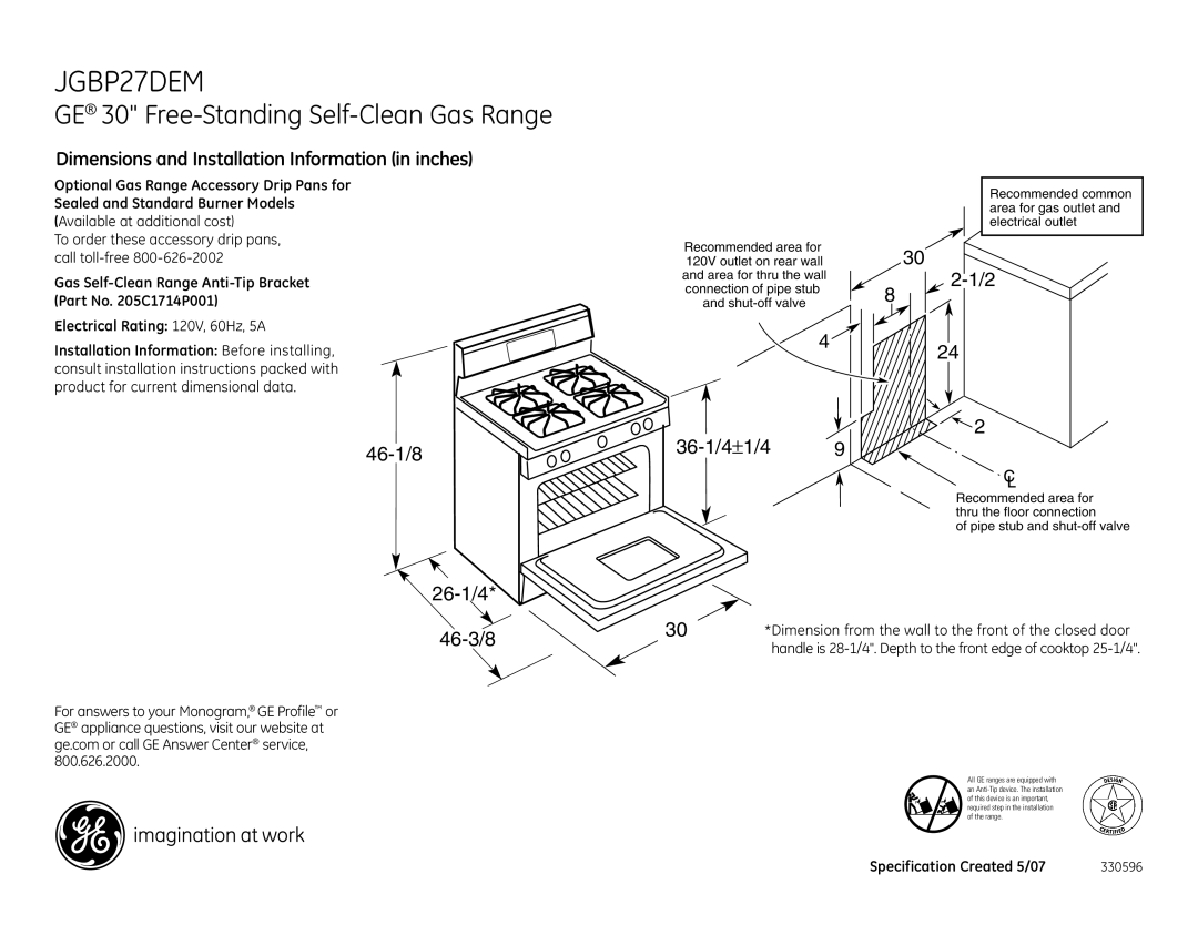 GE JGBP27DEMWW dimensions GE 30 Free-Standing Self-Clean Gas Range, 46-1/8, 36-1/4±1/4 26-1/4 46-3/8 