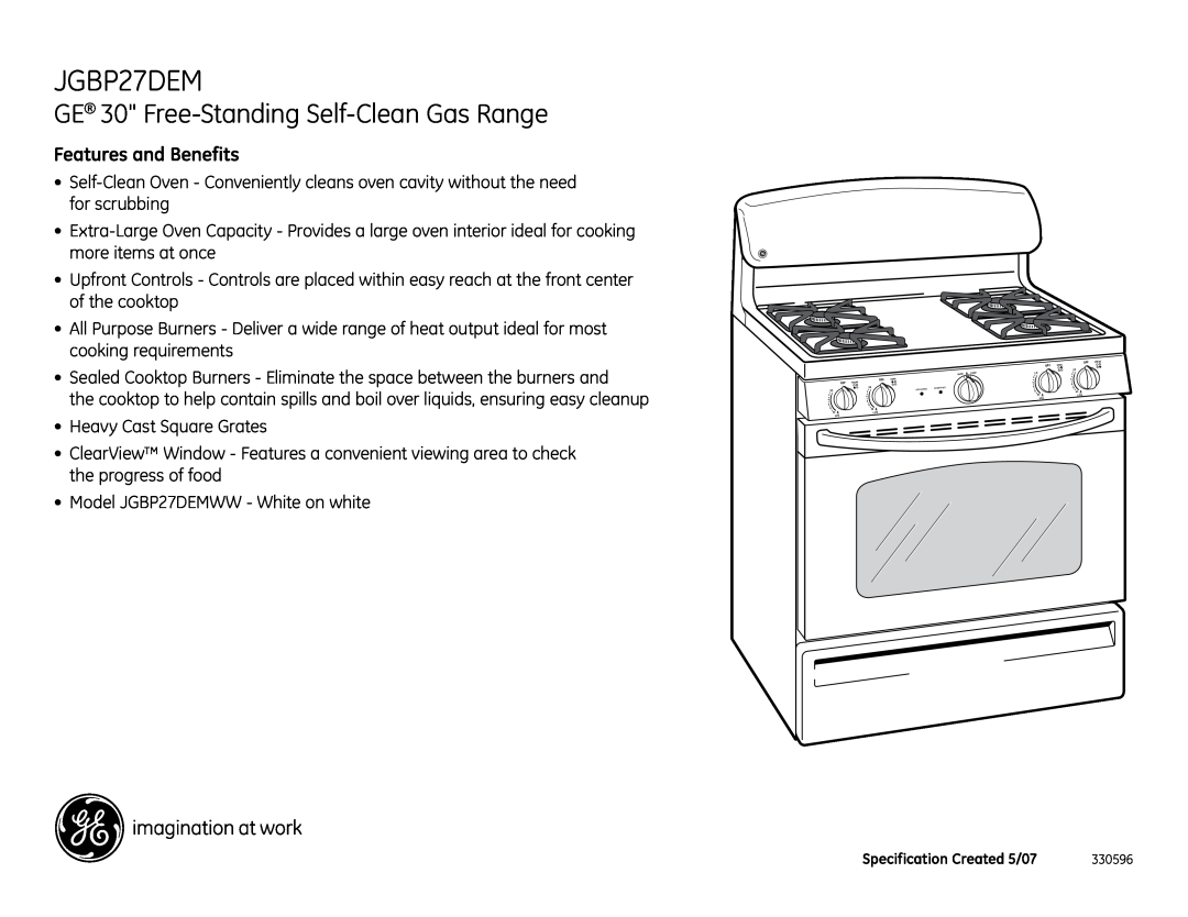 GE JGBP27DEMWW dimensions Features and Benefits, GE 30 Free-Standing Self-Clean Gas Range 