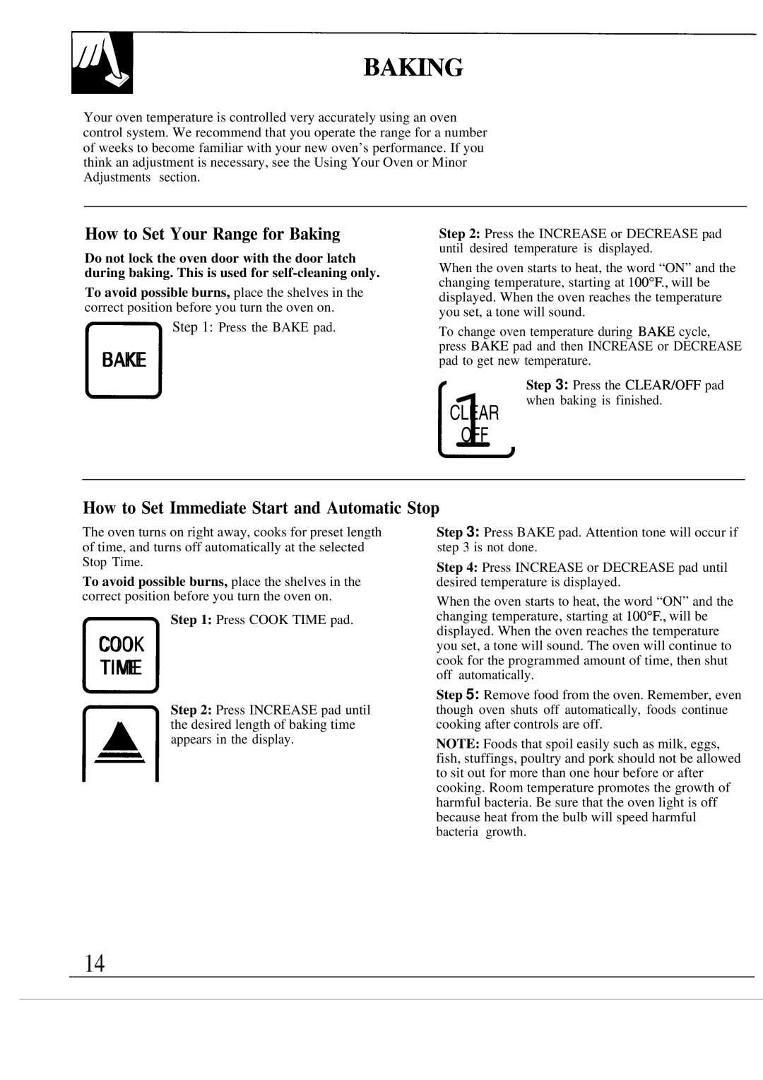 GE JGBP27GEN, JGBP26GEN How to Set Your Range for Baking, How to Set Immediate Start and Automatic Stop 