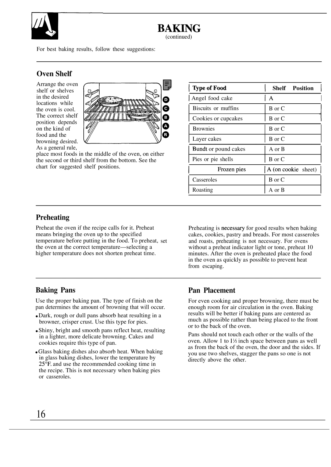 GE JGBP27GEN, JGBP26GEN installation instructions Ba~G, Oven Shelf, Preheating, Baking Pans, Pan Placement 