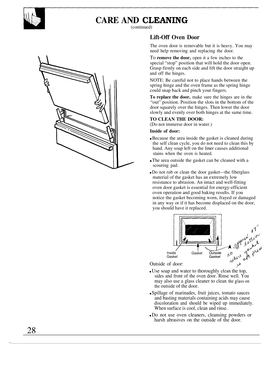 GE JGBP27GEN, JGBP26GEN installation instructions CA~ Am Cleaning, Lift-Off Oven Door, Inside of door 