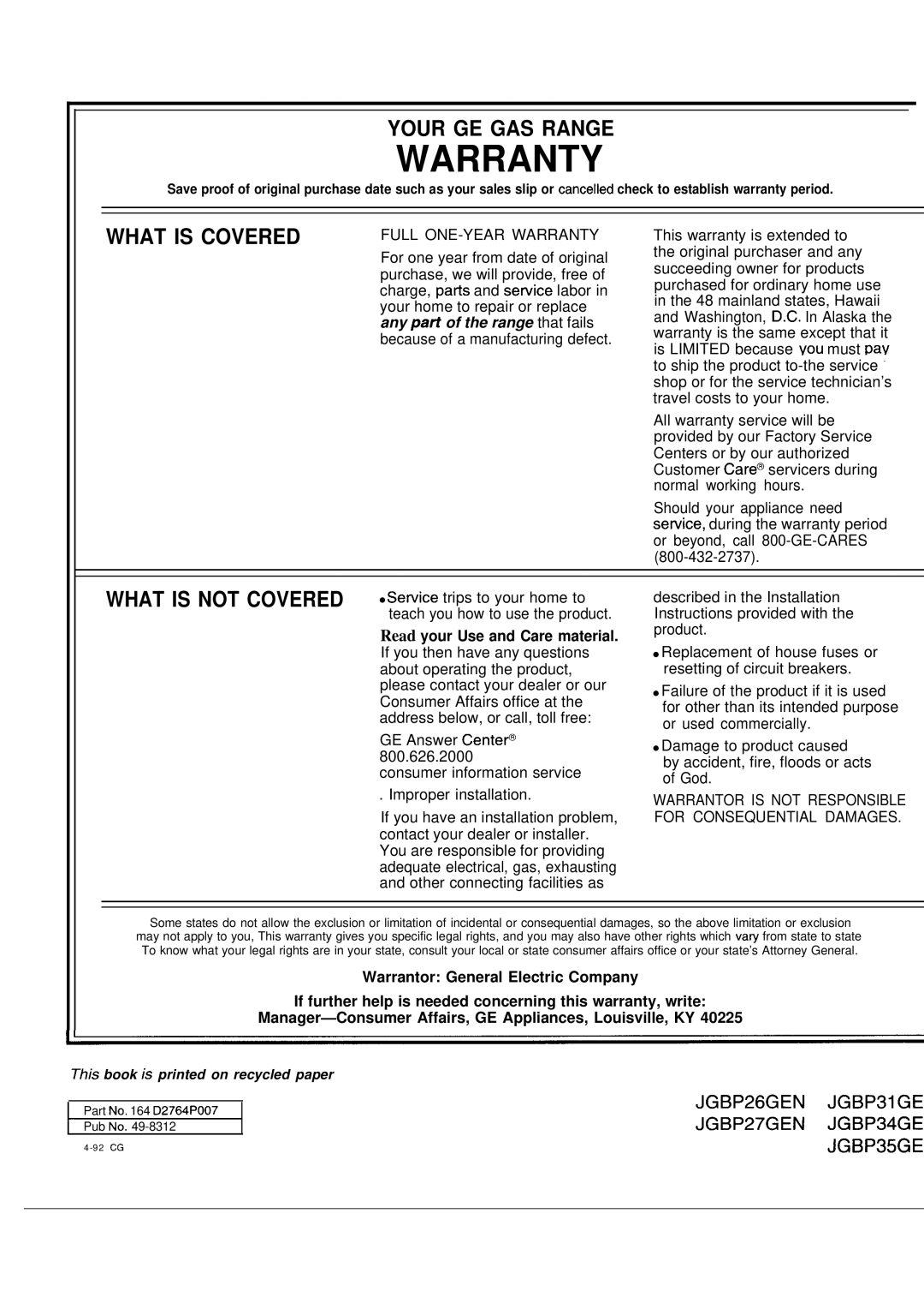 GE JGBP27GEN, JGBP26GEN installation instructions Warranty 