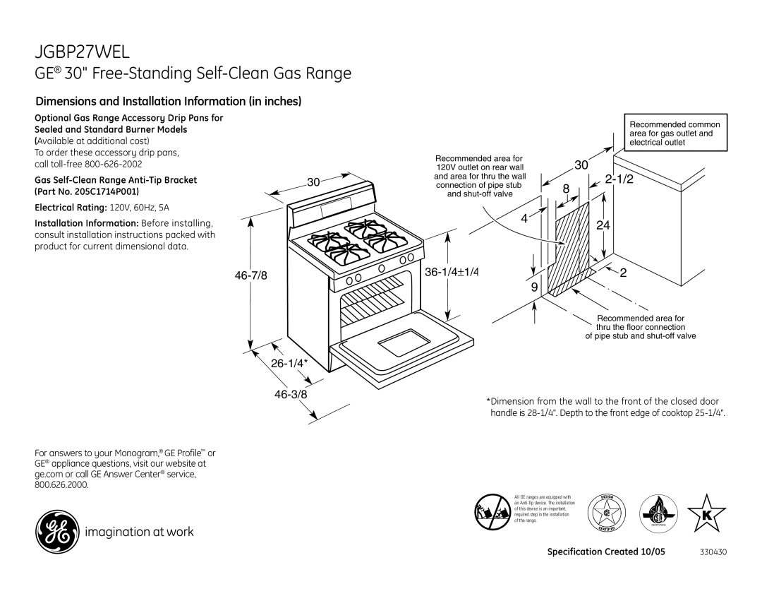 GE JGBP27WEL dimensions GE 30 Free-Standing Self-Clean Gas Range, Dimensions and Installation Information in inches 