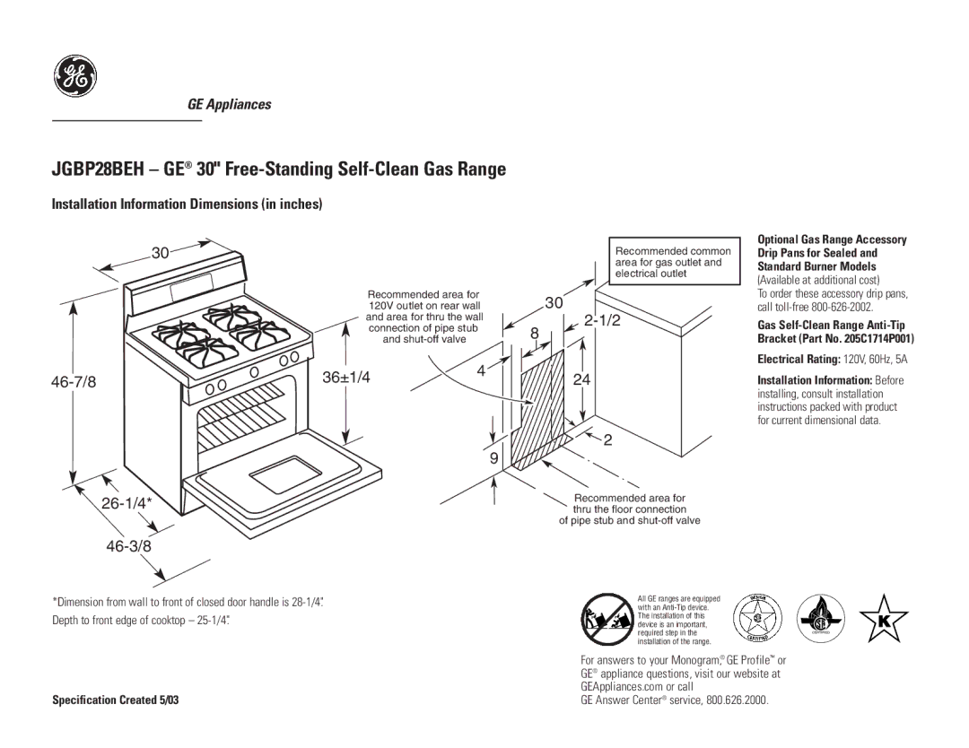 GE dimensions JGBP28BEH GE 30 Free-Standing Self-Clean Gas Range, 46-7/8 36±1/4 26-1/4 46-3/8 