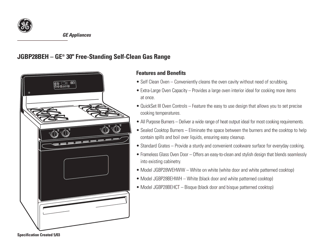 GE dimensions JGBP28BEH GE 30 Free-Standing Self-Clean Gas Range, Features and Benefits 