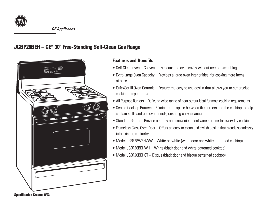 GE JGBP28BEH dimensions Features and Benefits, Start, Bake, Broil, Clear, Oven, Light, Clean 