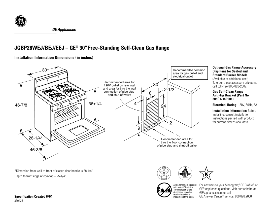 GE JGBP28EEJ dimensions JGBP28WEJ/BEJ/EEJ GE 30 Free-Standing Self-Clean Gas Range, 36±1/4, 46-7/8, 26-1/4, 46-3/8 