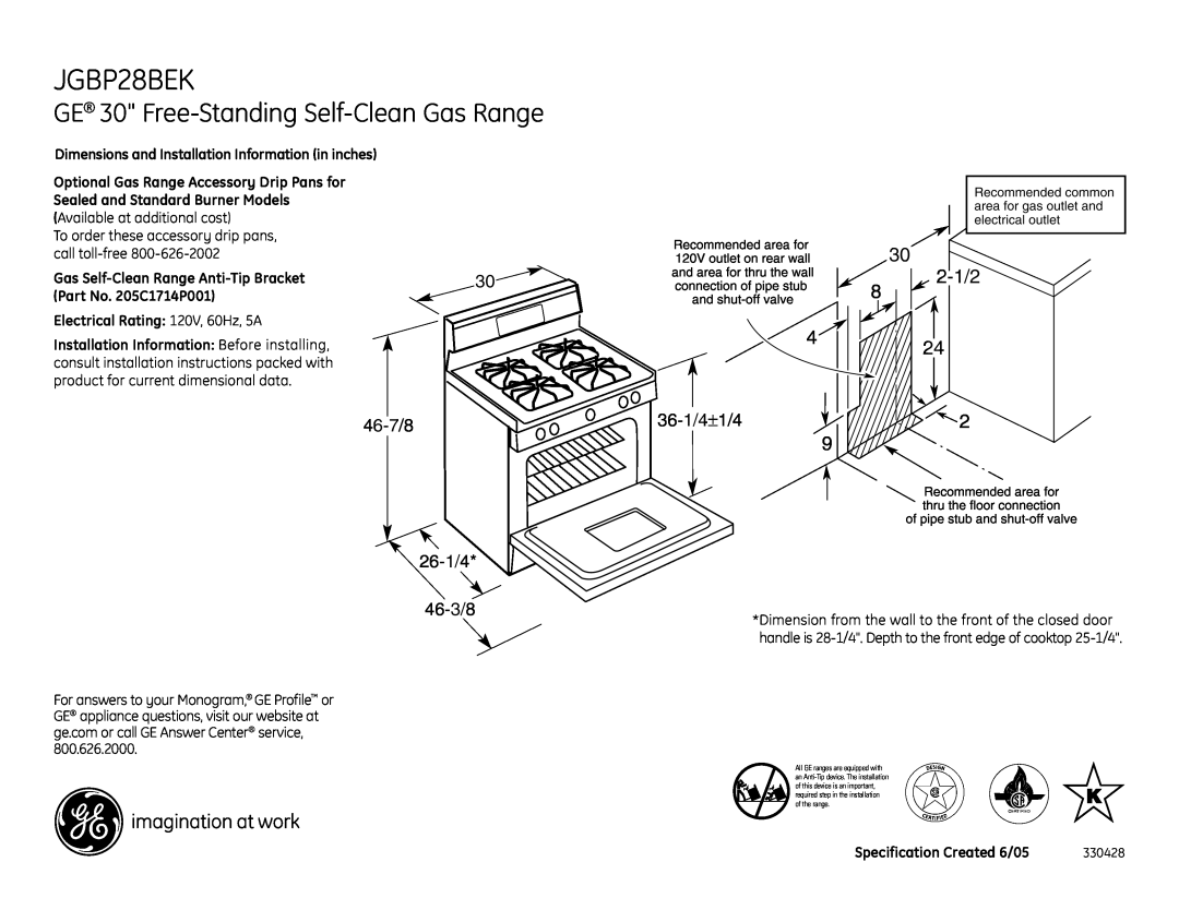 GE JGBP28BEK dimensions GE 30 Free-Standing Self-CleanGas Range, 2-1/2 
