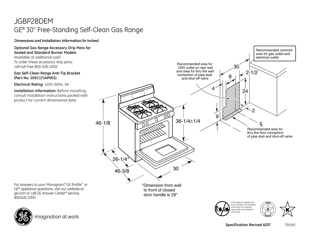 GE JGBP28DEM dimensions GE 30 Free-Standing Self-Clean Gas Range, 46-1/8 26-1/4 36-1/4±1/4, 46-3/8 