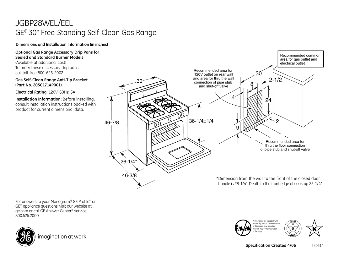 GE JGBP28EEL dimensions JGBP28WEL/EEL, GE 30 Free-Standing Self-Clean Gas Range, 46-7/8 26-1/4 36-1/4±1/4, 46-3/8 