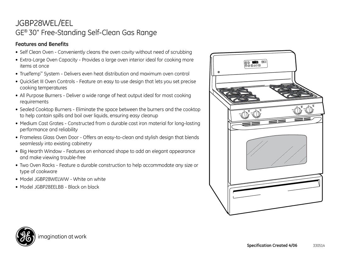 GE JGBP28EEL, JGBP28WEL dimensions Features and Benefits 