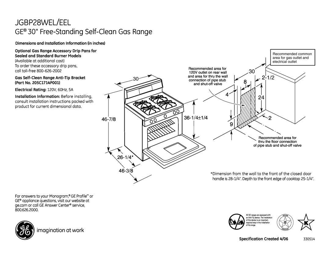 GE dimensions JGBP28WEL/EEL, GE 30 Free-Standing Self-CleanGas Range, 2-1/2, Optional Gas Range Accessory Drip Pans for 