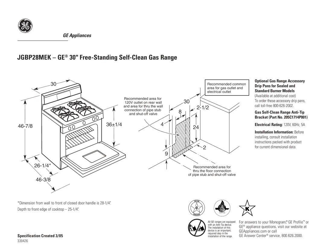 GE JGBP28MEK dimensions Free-Standing Self-Clean Gas Range, 46-7/8 26-1/4 46-3/8 36±1/44, Specification Created 3/05 