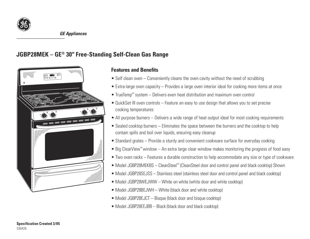 GE dimensions JGBP28MEK GE 30 Free-Standing Self-Clean Gas Range, Features and Benefits 