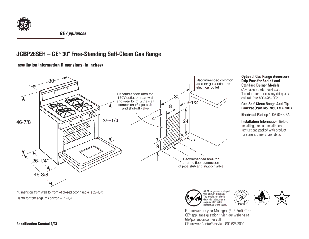 GE dimensions JGBP28SEH GE 30 Free-Standing Self-Clean Gas Range, 46-7/8 36±1/4 26-1/4 46-3/8 