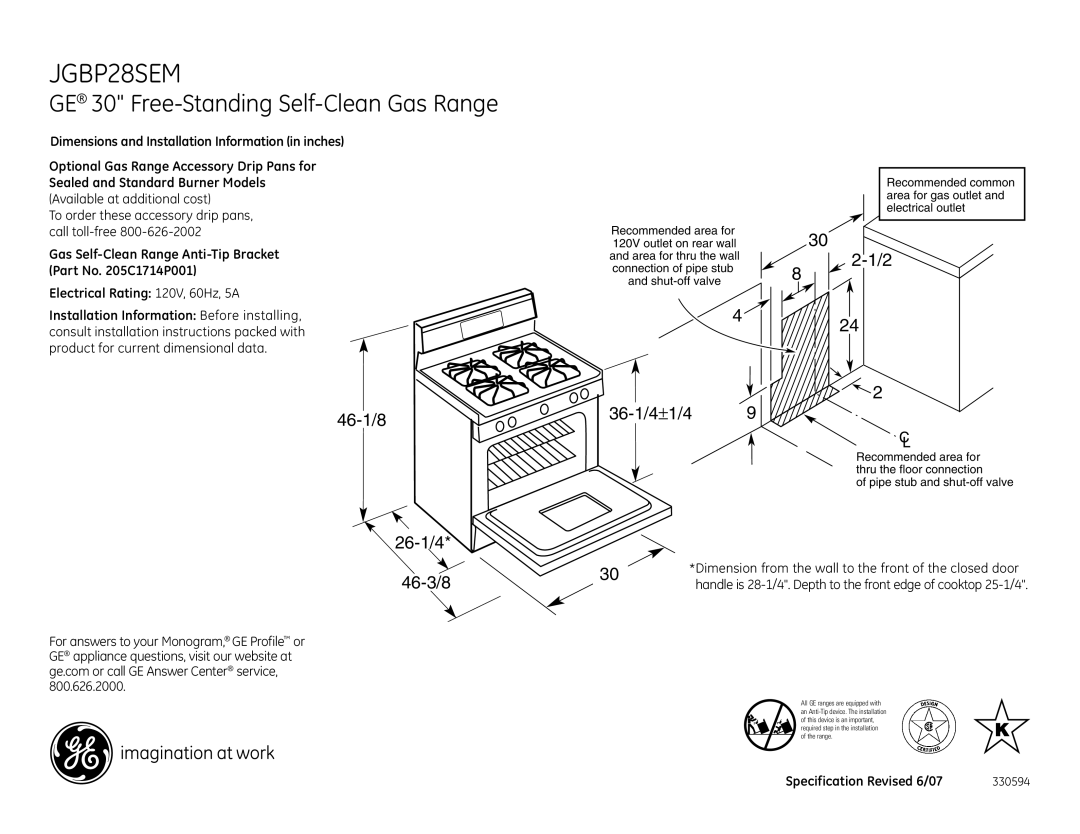 GE JGBP28SEMSS dimensions GE 30 Free-Standing Self-Clean Gas Range, 46-1/8 26-1/4 36-1/4±1/4, 46-3/8 