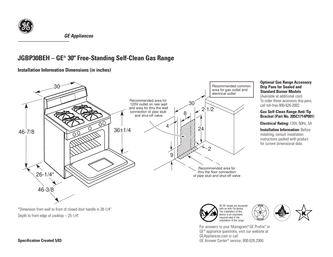 GE dimensions JGBP30BEH GE 30 Free-Standing Self-Clean Gas Range, 46-7/8 26-1/4 46-3/8, 36±1/4 