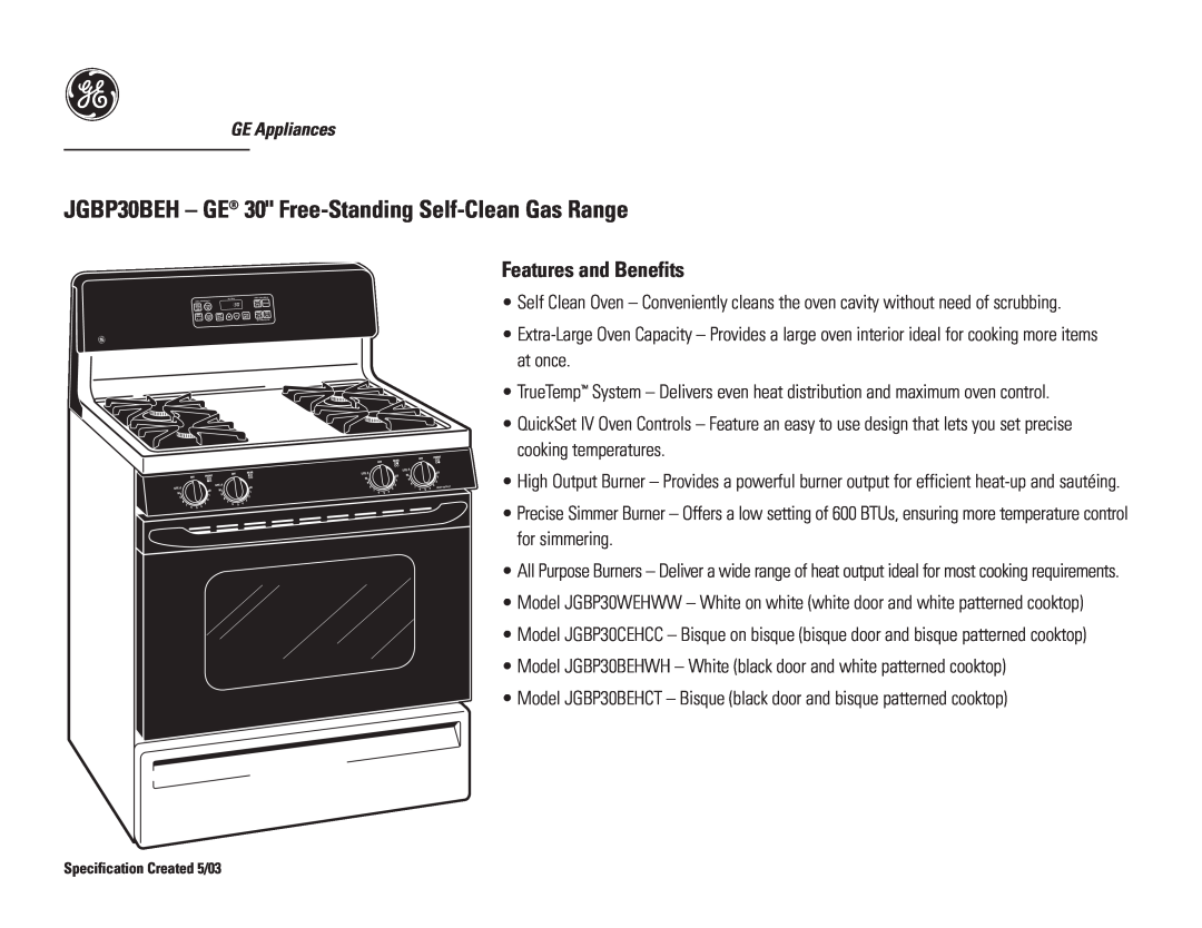 GE dimensions JGBP30BEH - GE 30 Free-Standing Self-Clean Gas Range, Features and Benefits 