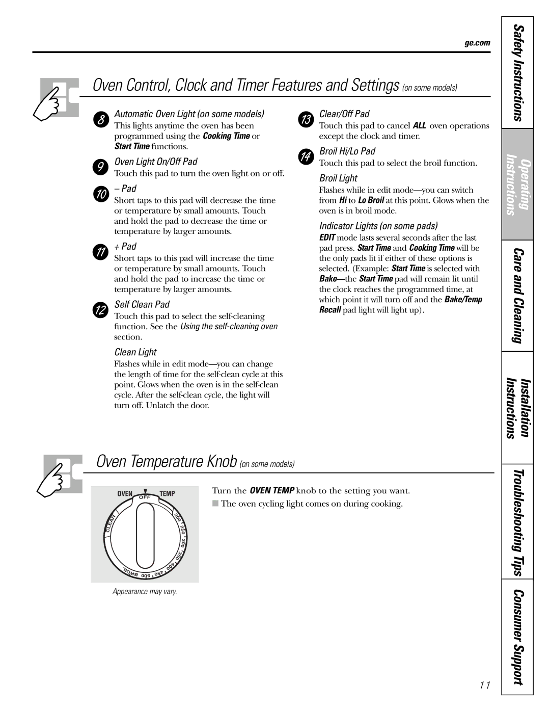 GE JGBP31 installation instructions Oven Temperature Knob on some models 