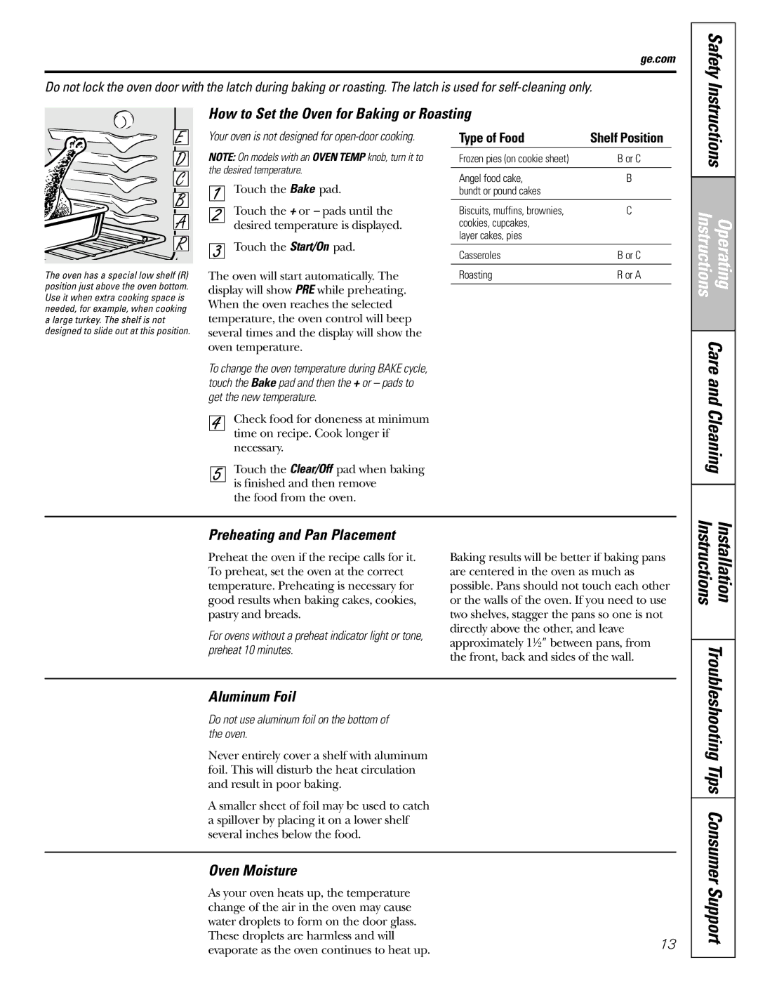 GE JGBP31 How to Set the Oven for Baking or Roasting, Preheating and Pan Placement, Aluminum Foil, Oven Moisture 