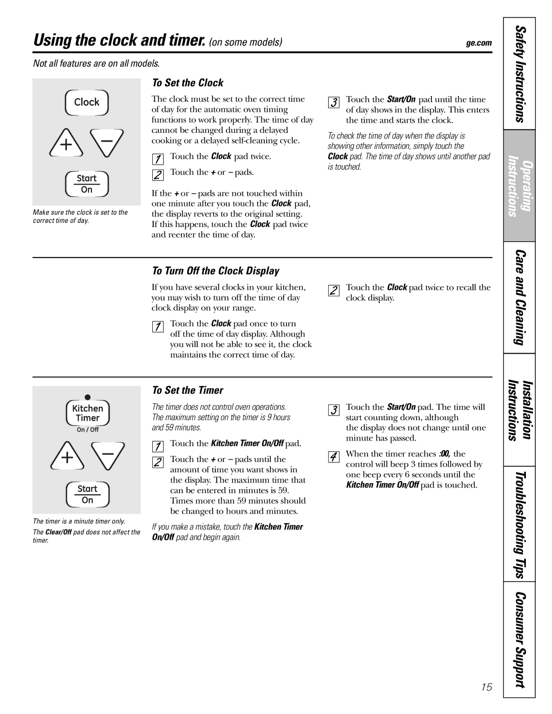 GE JGBP31 installation instructions Using the clock and timer. on some models, Care, Cleaning 