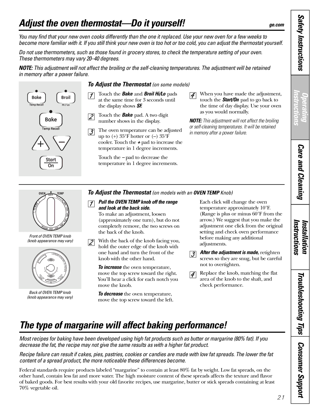 GE JGBP31 Adjust the oven thermostat-Do it yourself, Type of margarine will affect baking performance 