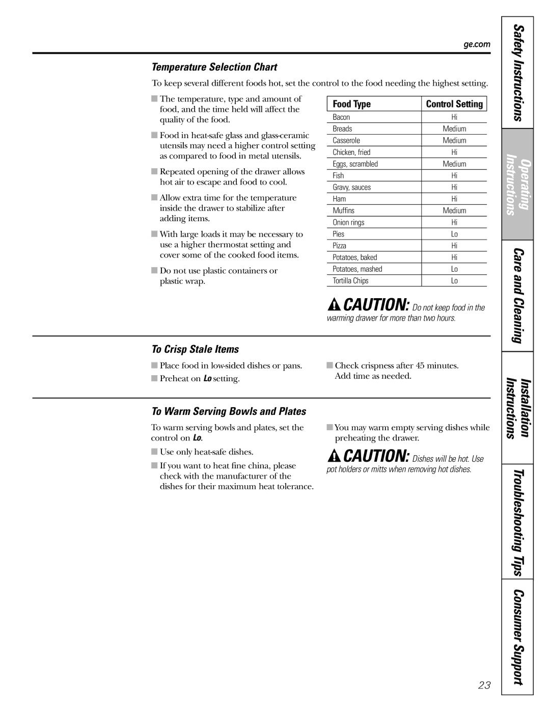 GE JGBP31 installation instructions Temperature Selection Chart, To Crisp Stale Items 