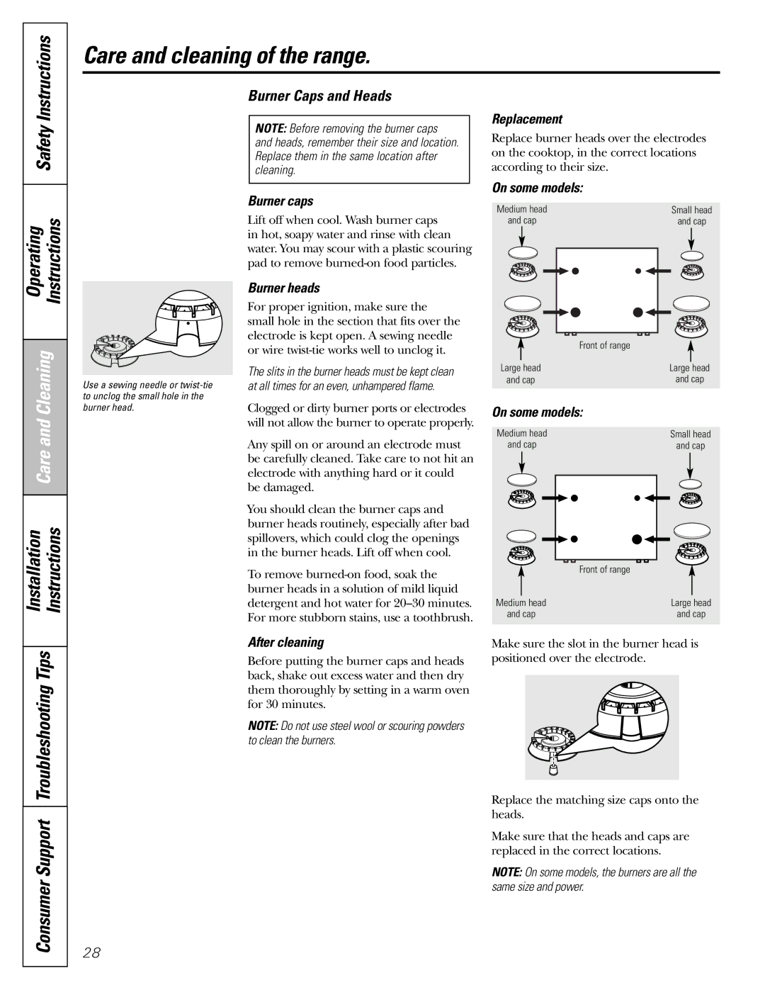 GE JGBP31 installation instructions ConsumerSupport, Burner Caps and Heads 