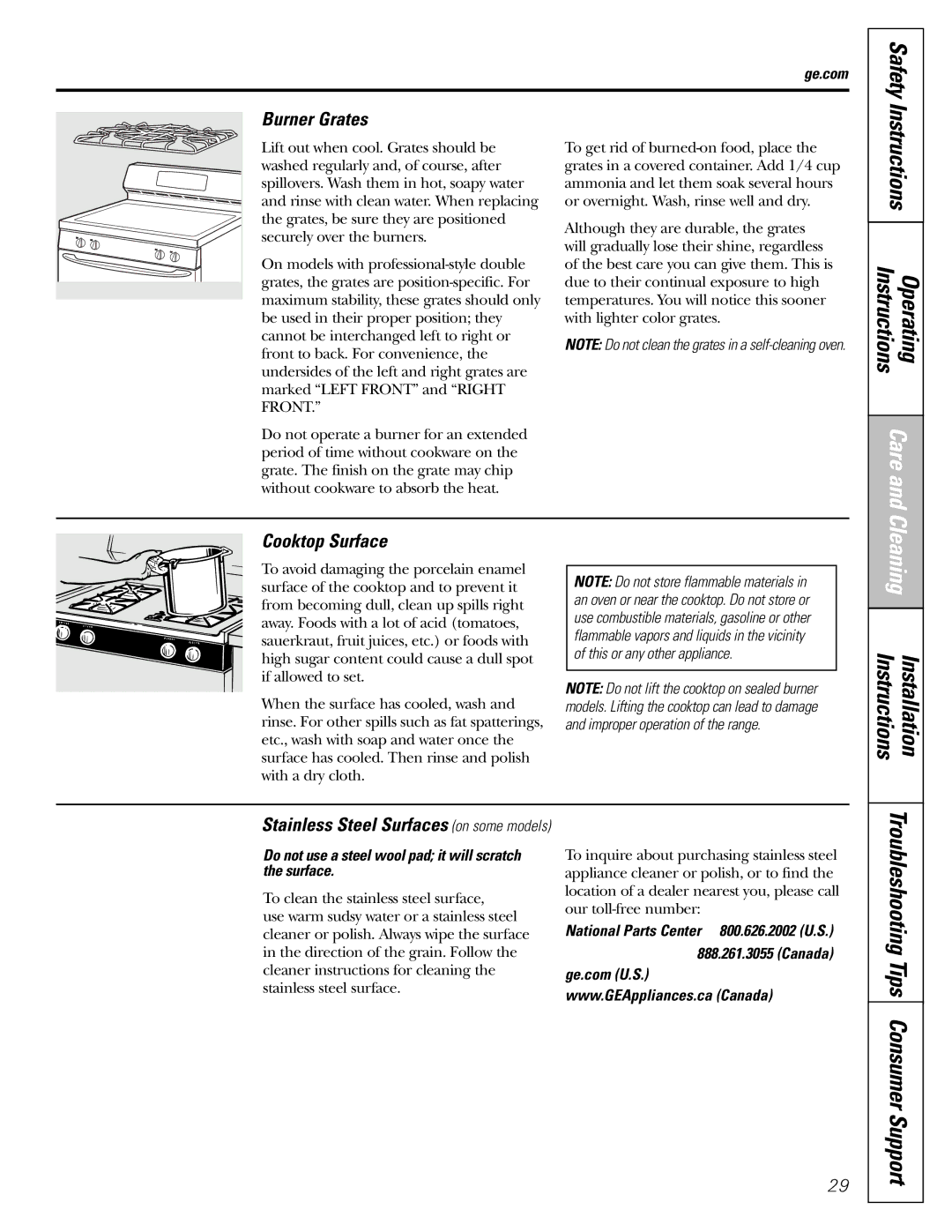 GE JGBP31 Instructions Installation, Burner Grates, Cooktop Surface, Stainless Steel Surfaces on some models 