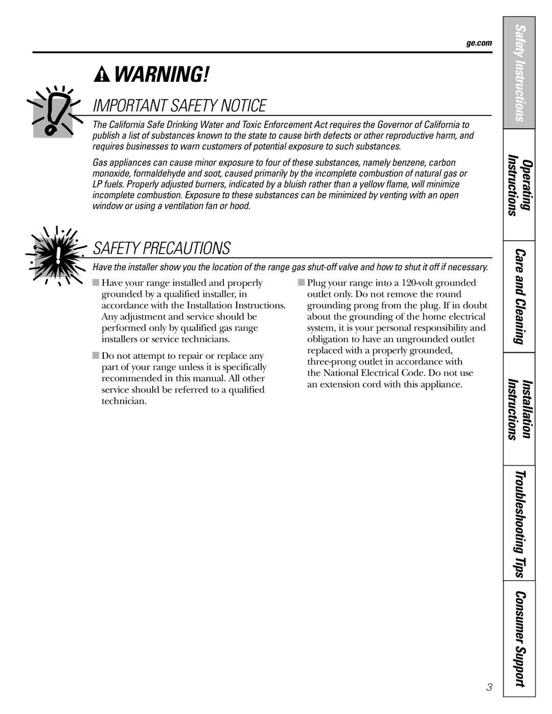 GE JGBP31 installation instructions Consumer Support, Installation Instructions, Ge.com 