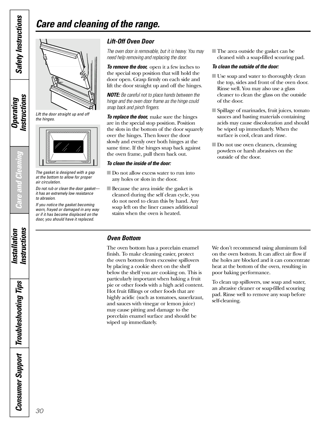 GE JGBP31 installation instructions Lift-Off Oven Door, Oven Bottom, To clean the inside of the door 