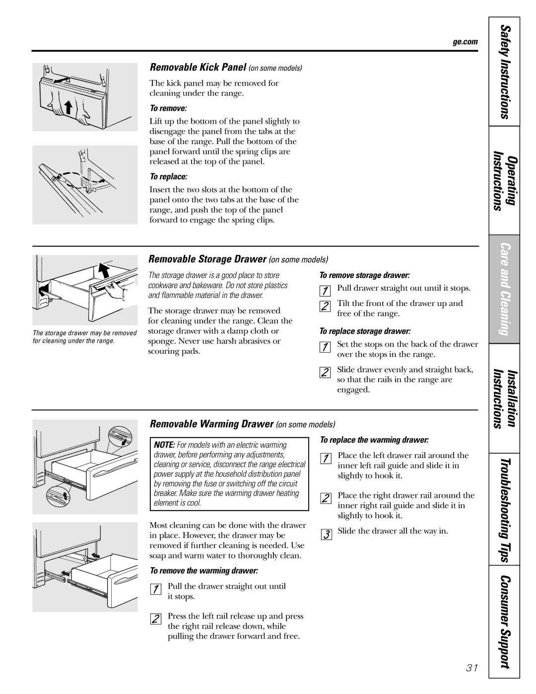 GE JGBP31 Removable Kick Panel on some models, Removable Storage Drawer on some models Safety Instructions 