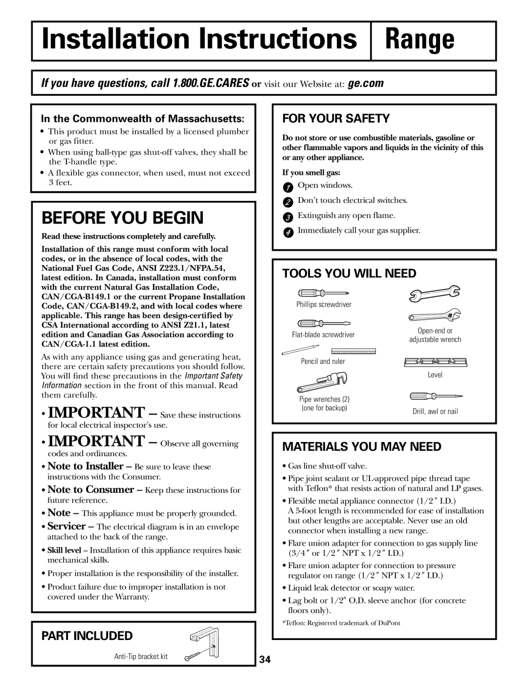 GE JGBP31 installation instructions Part Included, For Your Safety, Tools YOU will Need, Materials YOU MAY Need 